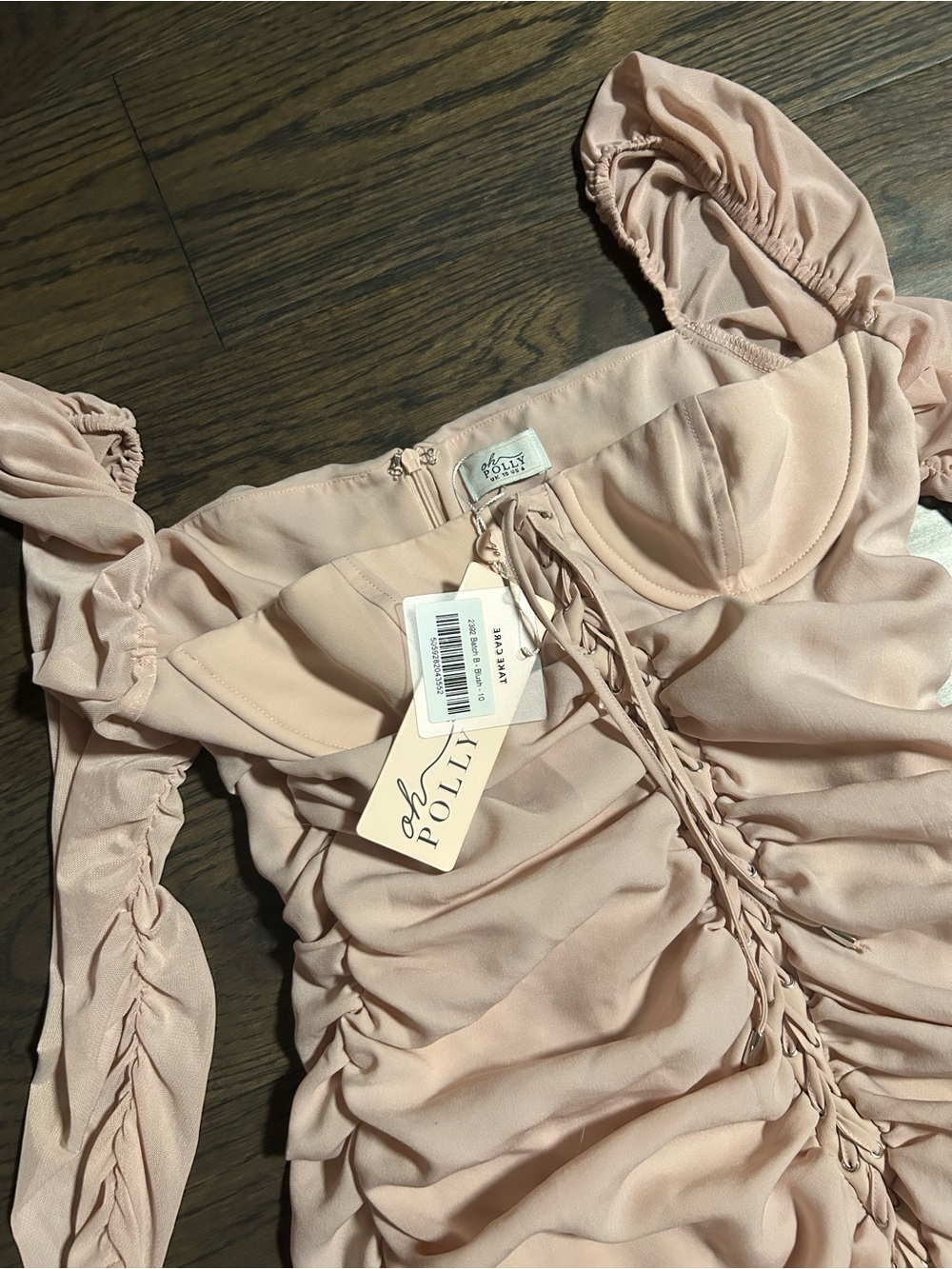 Oh Polly Nude Blush Ruched Lace-Up Long Sleeve Bodycon Dress - Picture 5 of 6